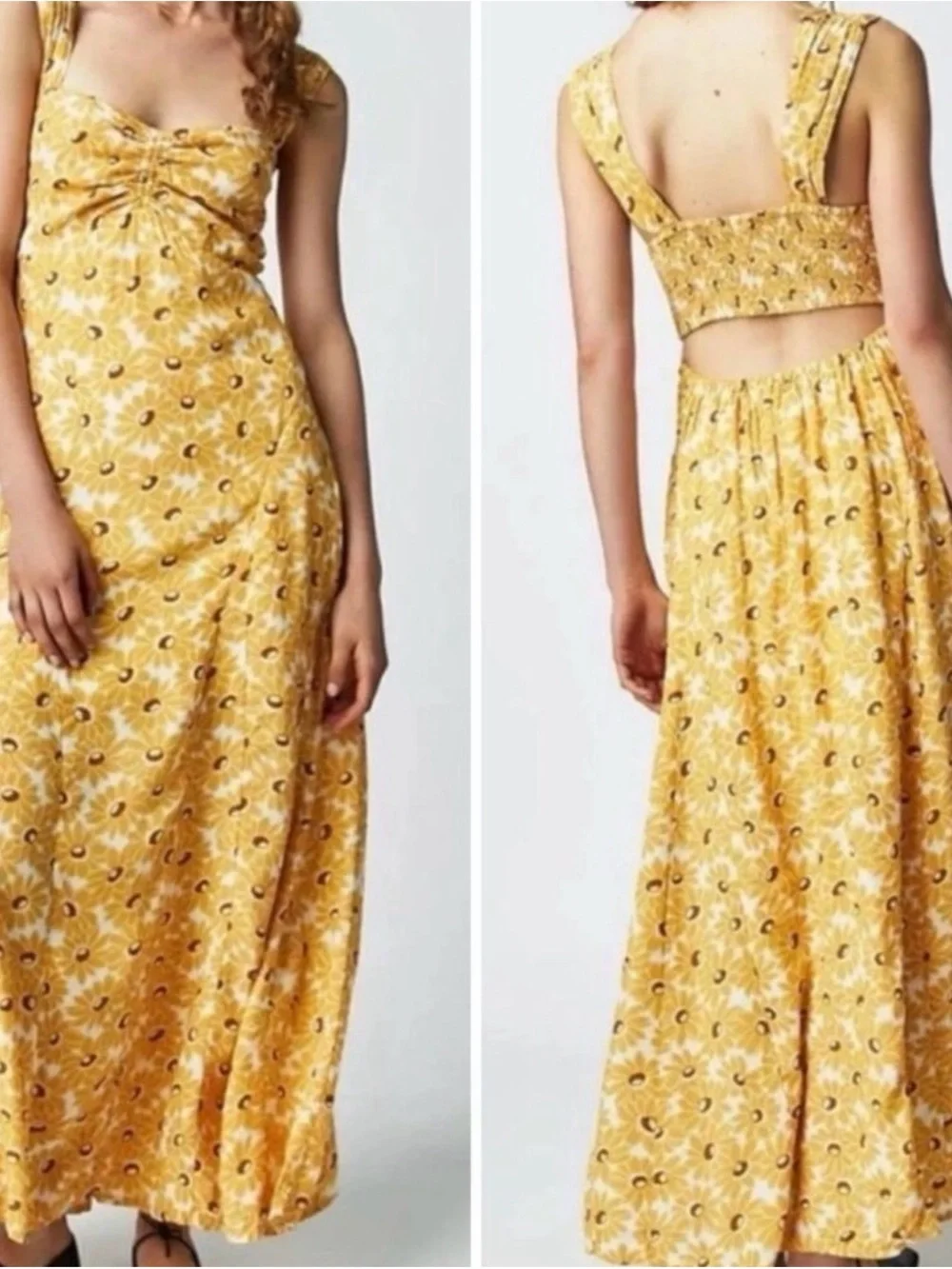 Free People Yellow Floral Midi Dress with Sweetheart Bodice - Picture 3 of 6